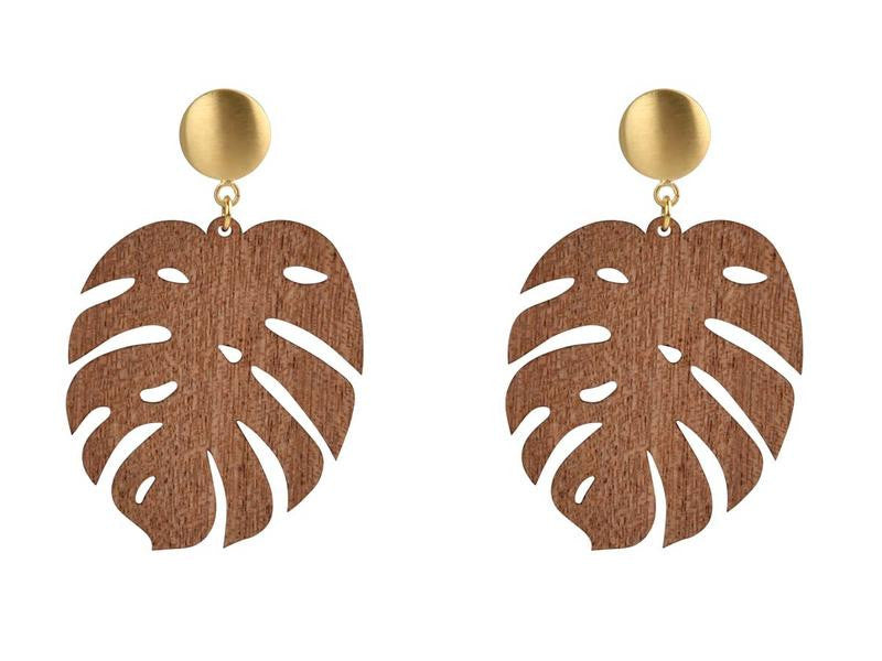 Ohrringe Holz Blatt hellbraun - 1
