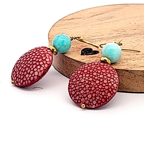 Ohrringe Rochenleder Bordeaux mit Amazonit - 2
