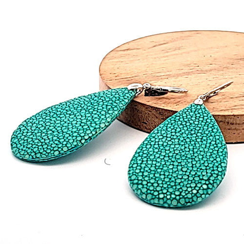 Ohrringe Rochenleder Tropfen groß türkis - 2