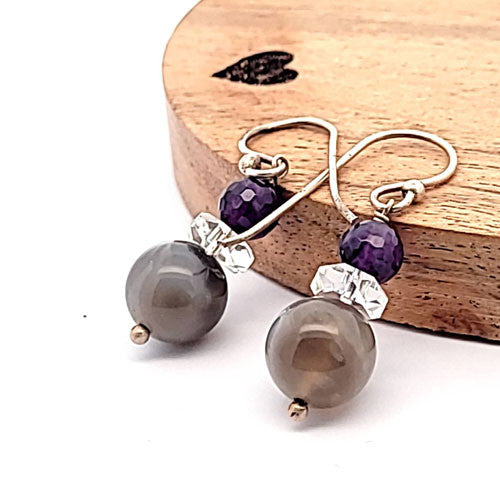 Ohrringe Botswanaachat mit Amethyst und Bergkristall - 2