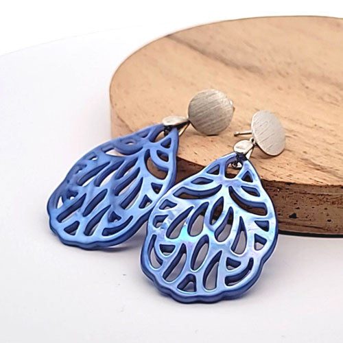 Ohrpendler Perlmutt Blatt klein, blau  - 3