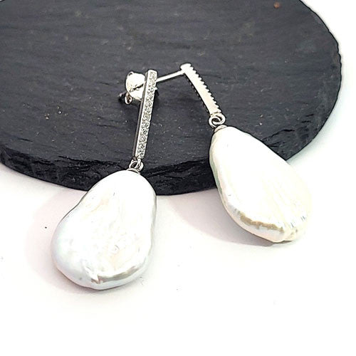 Ohrringe Perle Big Baroque und Zrkonia mit silber rhodiniertem Stecker - 4