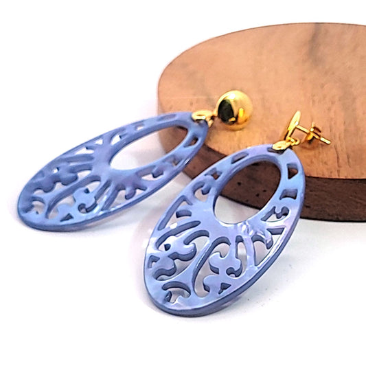 Mother of Pearl Oval Large Blue Dangle Earrings