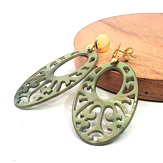 Mother of Pearl Oval Large Earrings, Olive Green