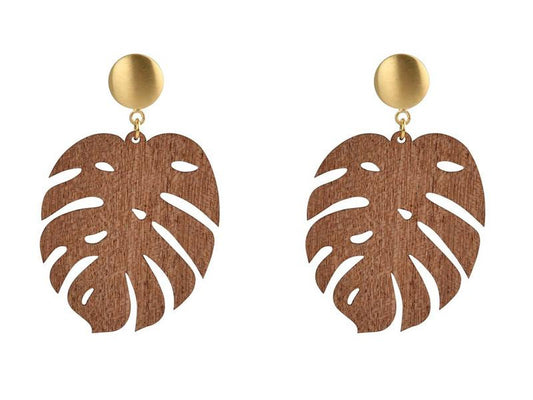 Ohrringe Holz Blatt hellbraun  - 1