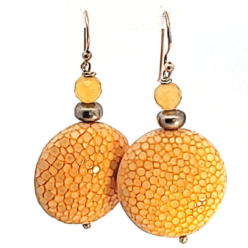 Ohrringe Rochenleder hellorange mit Achat gelb  - 1