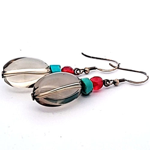 Ohrringe Rauchquarz mit Türkis und Achat pink  - 2