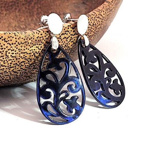 Ohrpendler Perlmutt Tropfen, dunkelblau  - 2