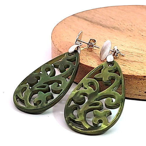 Ohrpendler Perlmutt Tropfen, olivgrün  - 5