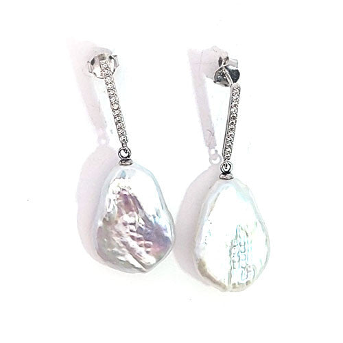 Ohrringe Perle Big Baroque und Zrkonia mit silber rhodiniertem Stecker  - 2