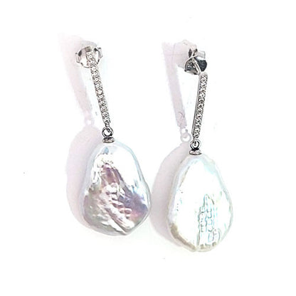 Ohrringe Perle Big Baroque und Zrkonia mit silber rhodiniertem Stecker  - 2