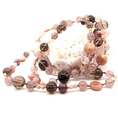 Design Edelsteinkette Mondstein & Rauchquarz lang Steindesign - 2