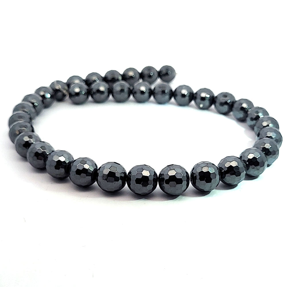Hematite, 12 mm faceted strand of beads