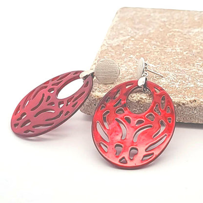 Mother of Pearl Oval "Agogo" Earrings, Burgundy