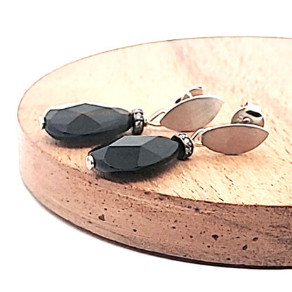 Onyx drop earrings with silver rhodium-plated studs