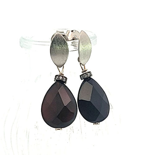 Onyx drop earrings with silver rhodium-plated studs