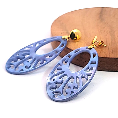 Mother of Pearl Oval Large Blue Dangle Earrings