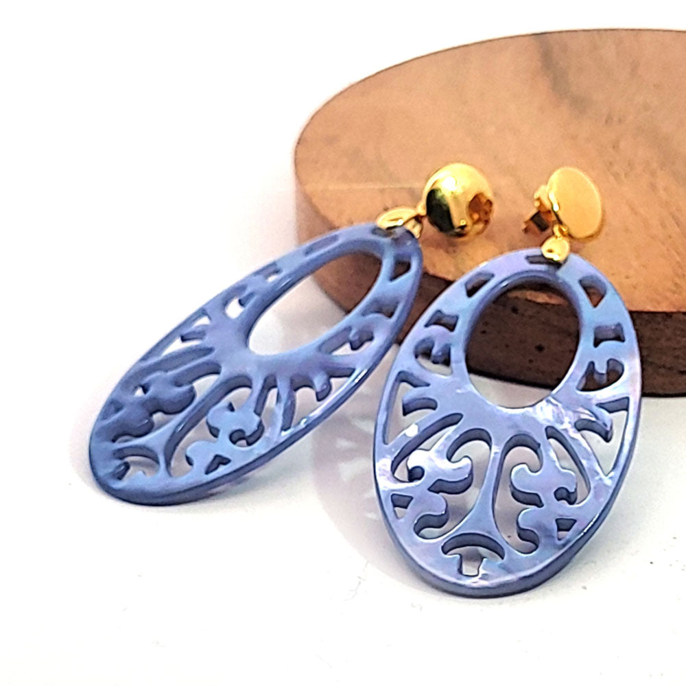 Mother of Pearl Oval Large Blue Dangle Earrings