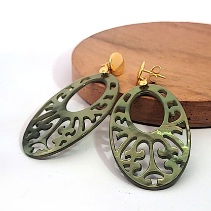 Mother of Pearl Oval Large Earrings, Olive Green