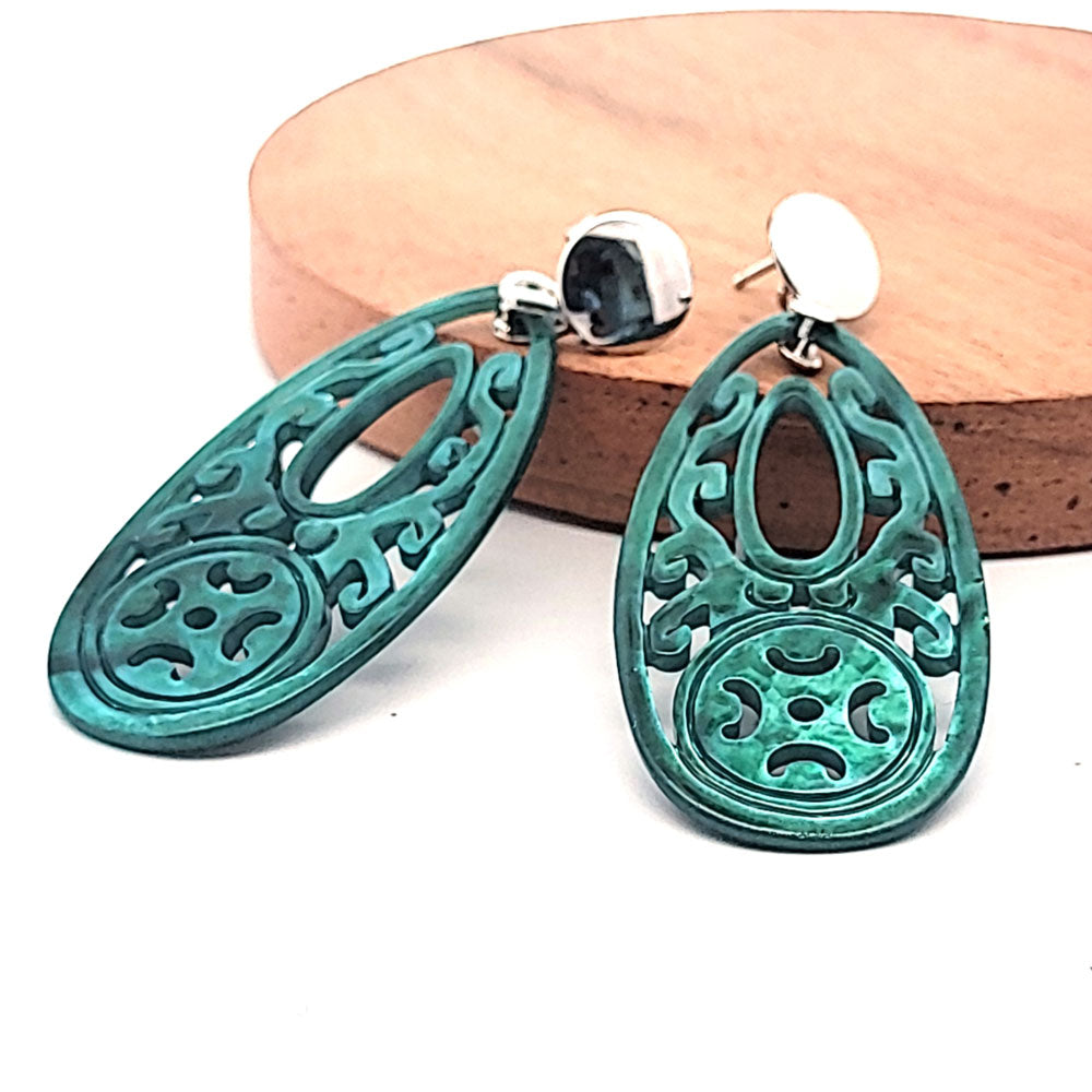 Mother of Pearl Drop Earrings Long, Emerald Green