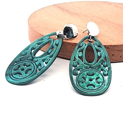 Mother of Pearl Drop Earrings Long, Emerald Green