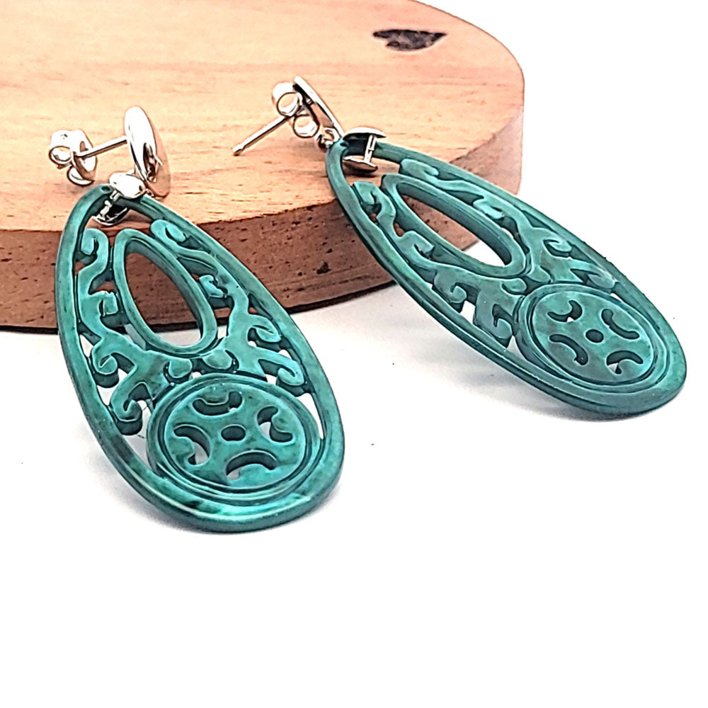 Mother of Pearl Drop Earrings Long, Emerald Green