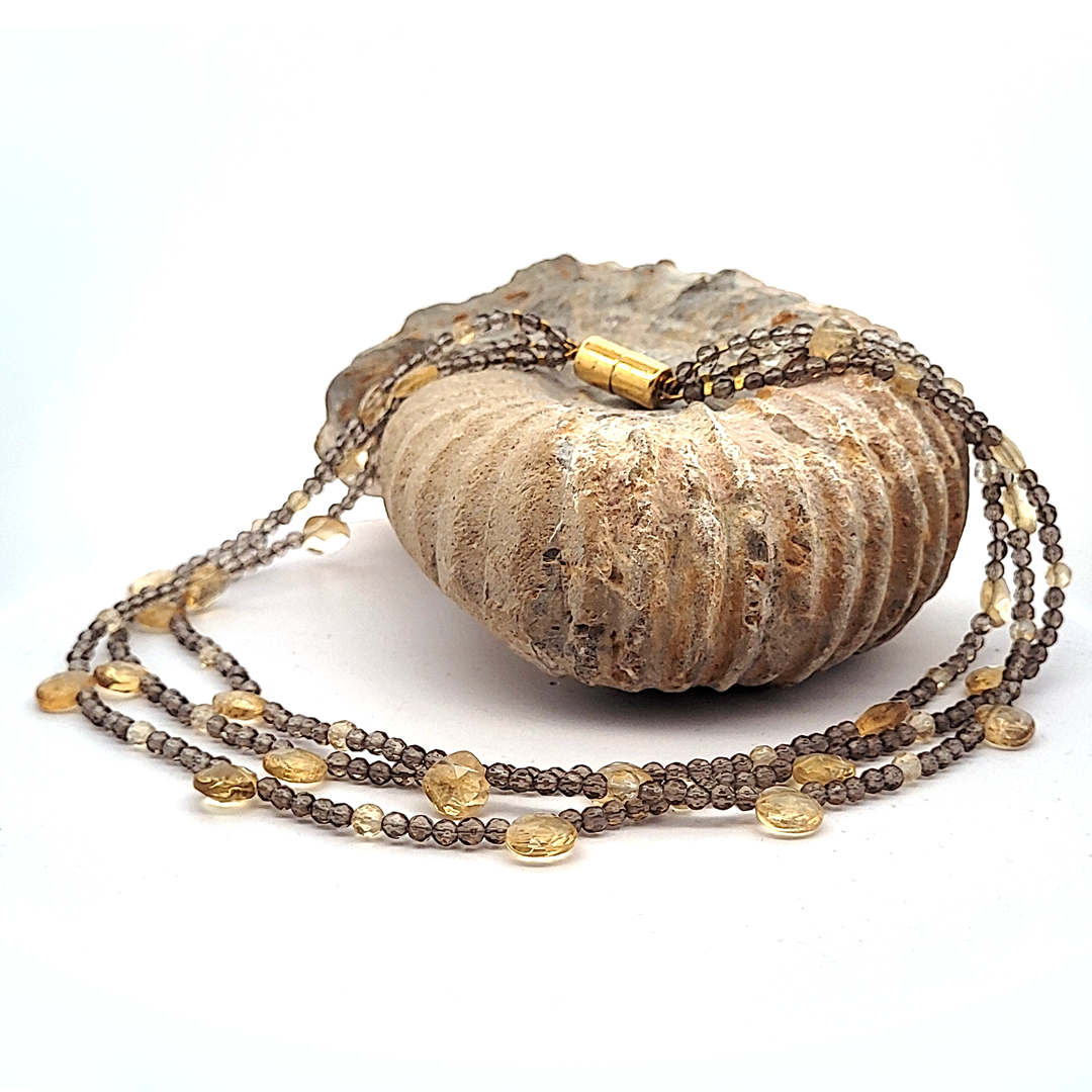 Zitrin & Rauchquarz Collier 3-reihig facettiert - 925 Silber vergoldet by Steindesign